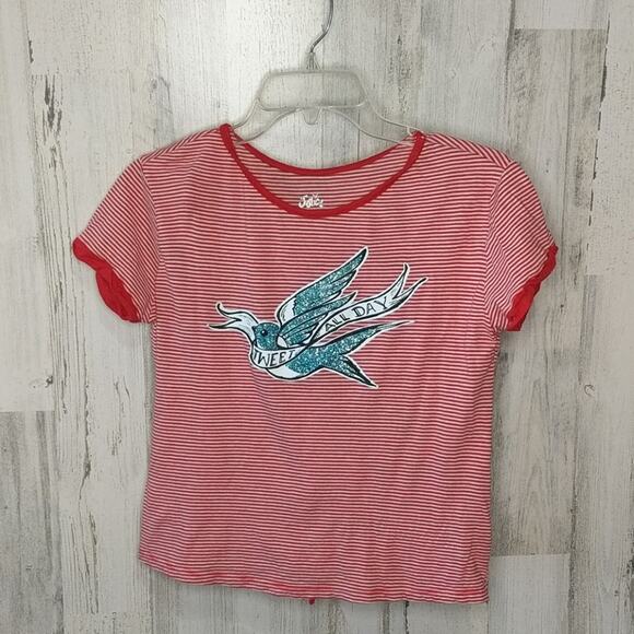 JUSTICE Red White Striped Tweet All Day Laced Glitter Top Girls 14 Teen Tween - Picture 1 of 7